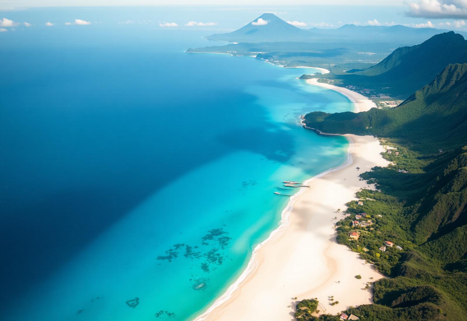 Aerial view of Lombok coastline with Mount Rinjani